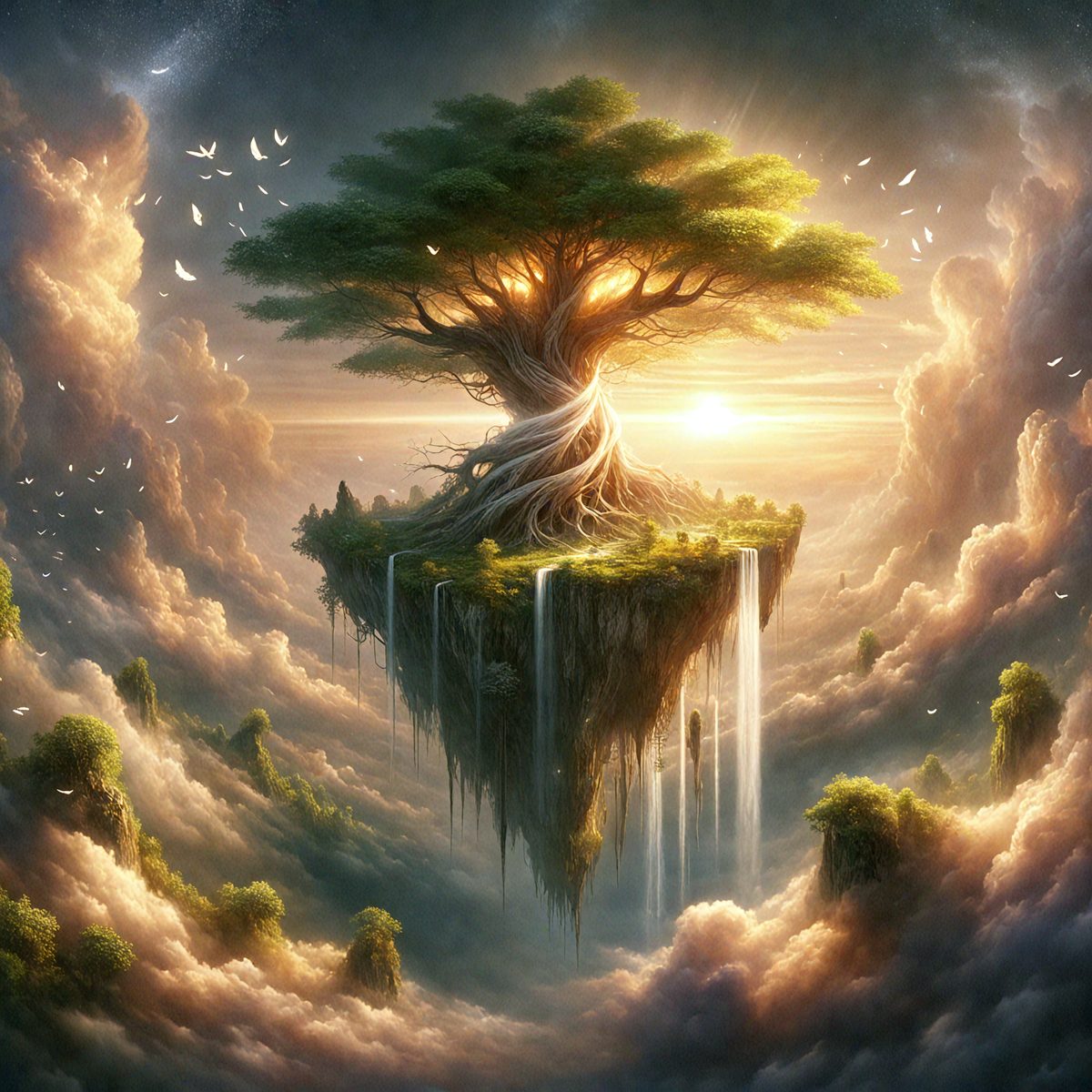 The primary subject of the image is a tree with a large trunk, surrounded by a lush green forest. The tree is situated on a small island, which is part of a larger island. The setting is a beautiful, serene environment with a sunny sky. The visual style of the image is digital art, creating a vibrant and colorful scene. The dominant colors are green, blue, and yellow, giving the image a lively and cheerful atmosphere.